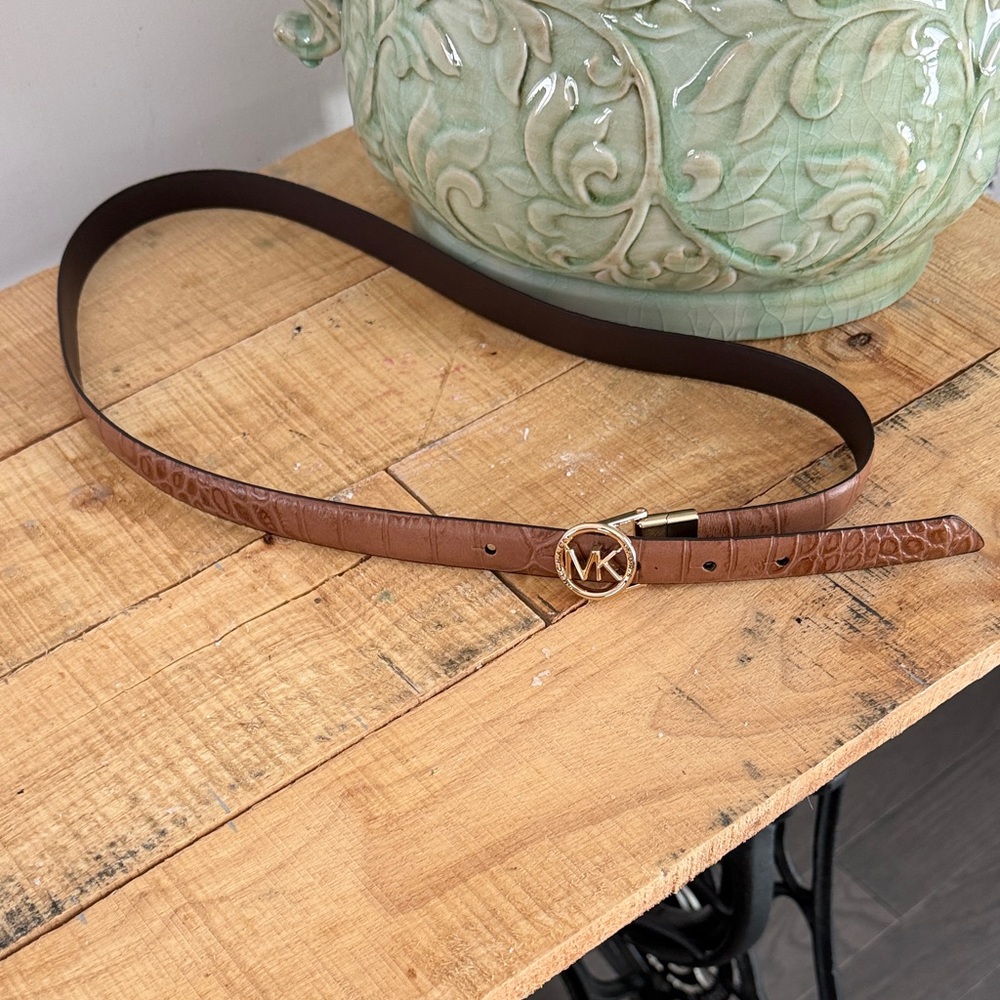 MK Light Brown Leather Belt with Gold Buckle